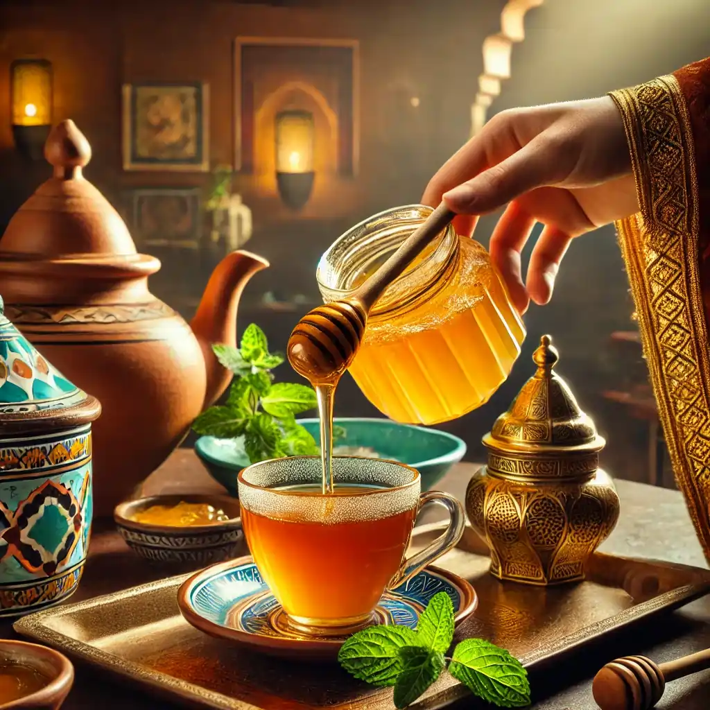 Miel catégorie maroc marocain Greensuq marché bio Moroccan woman pouring golden honey into a cup of tea in a traditional Moroccan setting. The honey jar is placed on a beautiful